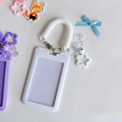 Cute Simple Protective Card Holder with Keychain Colorful Star Retractable Spring Lanyard ID Card Photo Postcard Holder Charm