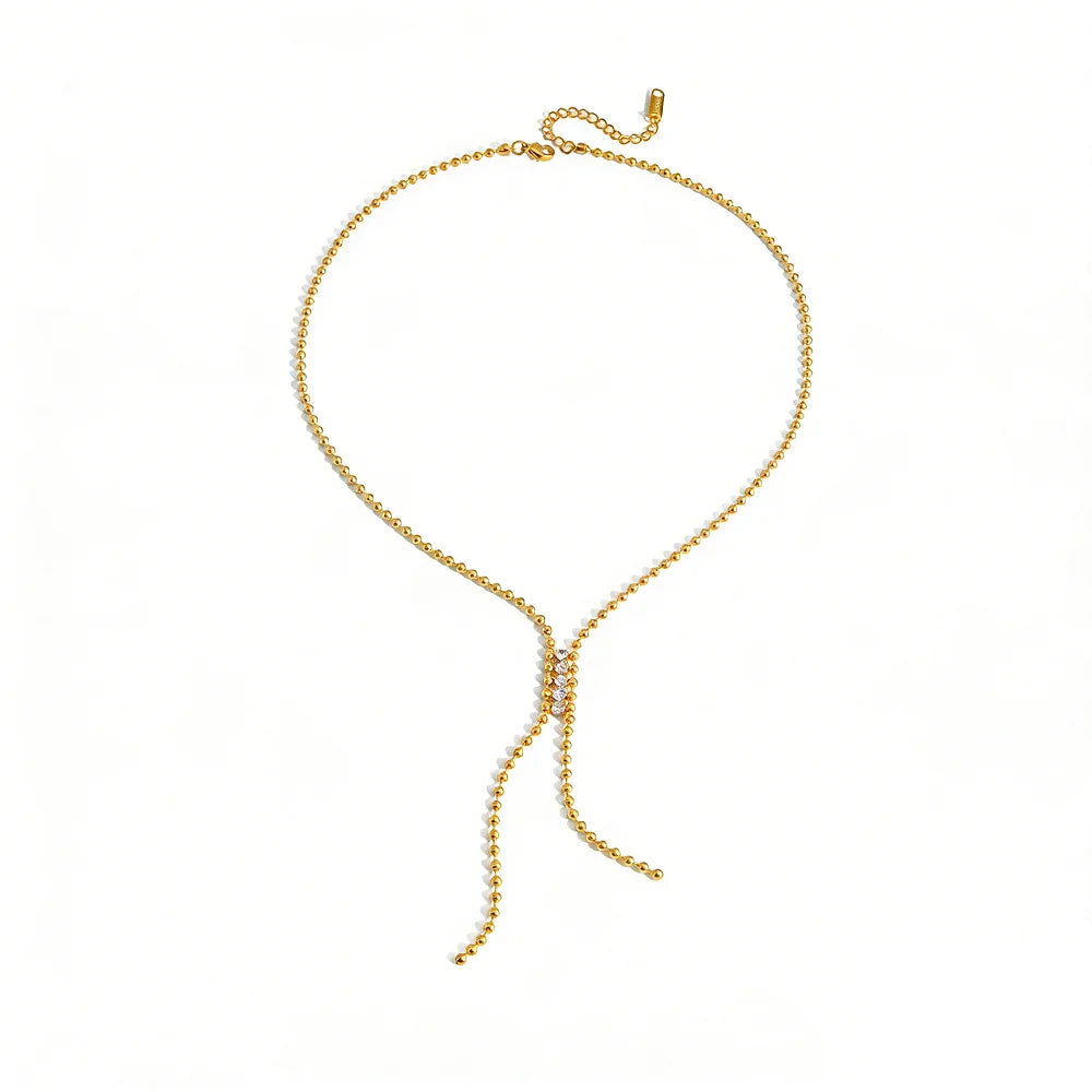 Y Shape Lariat Necklace Mini Bead Ball Chain Sparkling Zircon Tassel Drop Clavicle Chain Stainless Steel Waterproof Minimalis