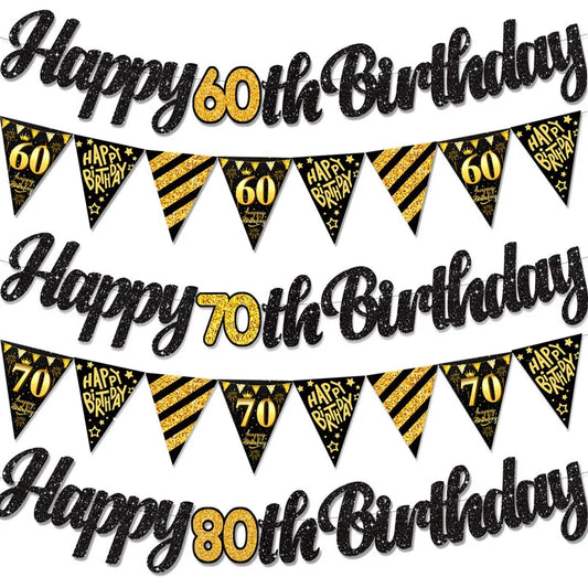 Black Gold Happy 21 30 40 50 60 70th 80th 90th Birthday Banner Garland Hanging for DIY Adult Party Decoration