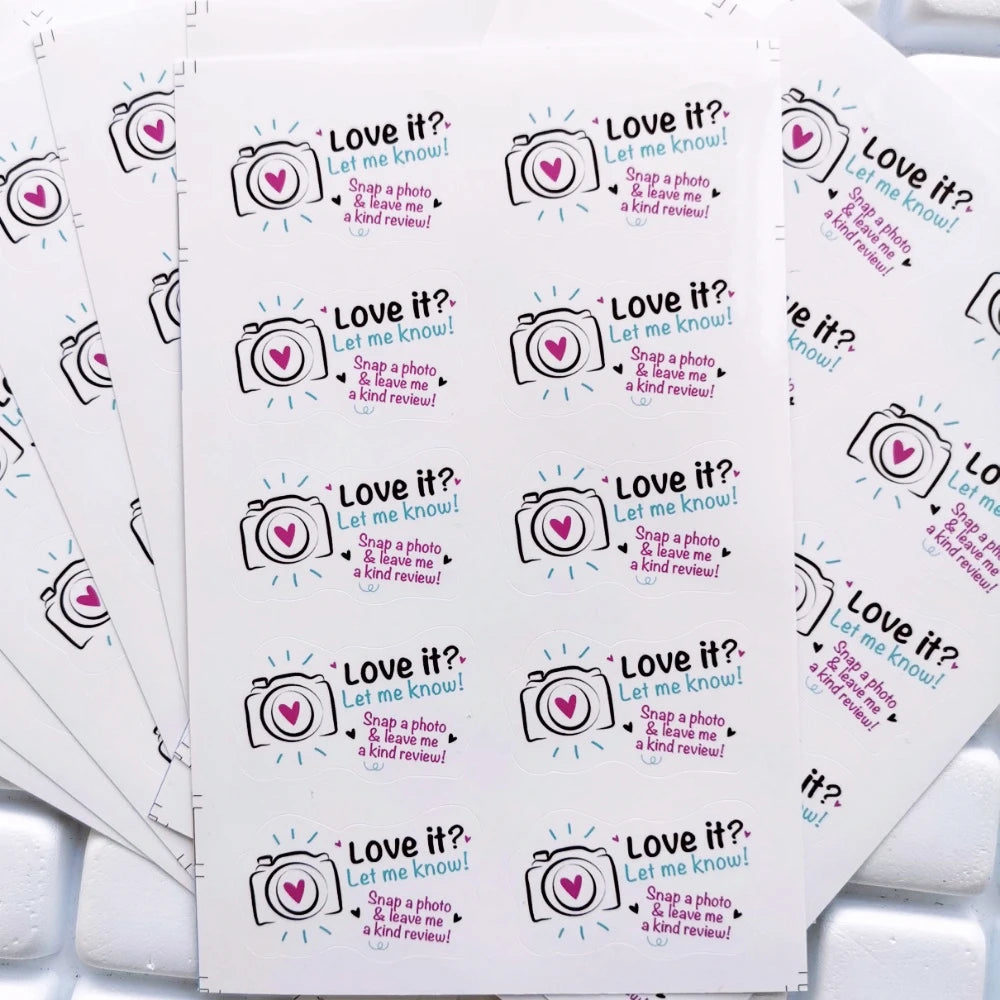 100pcs Love it Let Me Know with Cute Camera Design Stickers 1.6inch Thank You Stickers Bakeries Handmade Small Business Stick