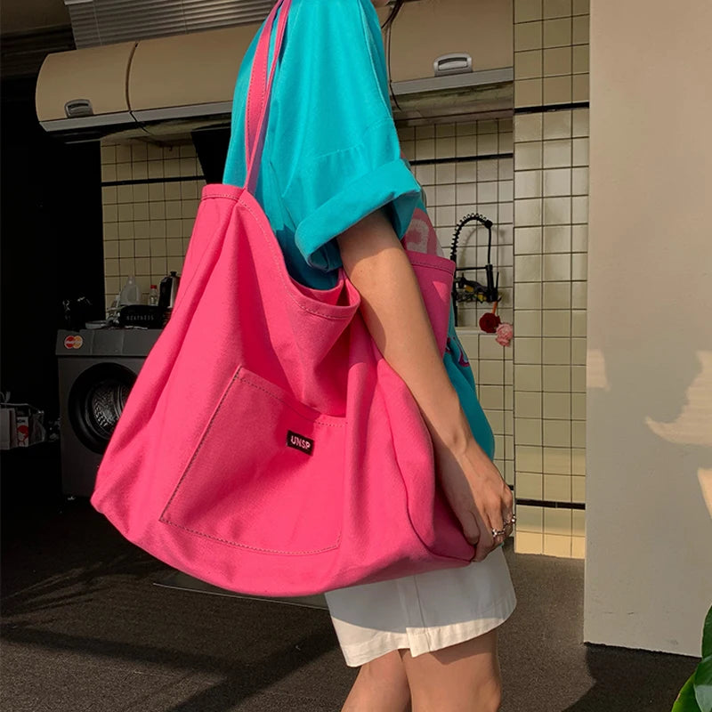 Canvas Bag Reusable Shopping Shoulder Bag Women Simple Casual Daily Use Handbag Totes Female Portable Folding Purse - pink