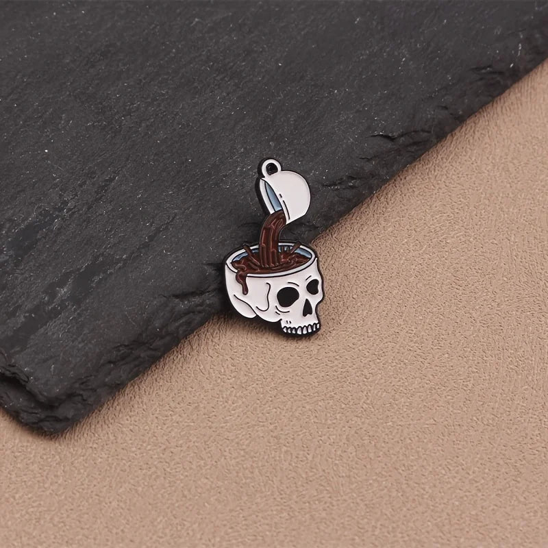 Vintage-Style Skull Coffee Cup Enamel Pin - Fashionable Alloy Brooch for Men