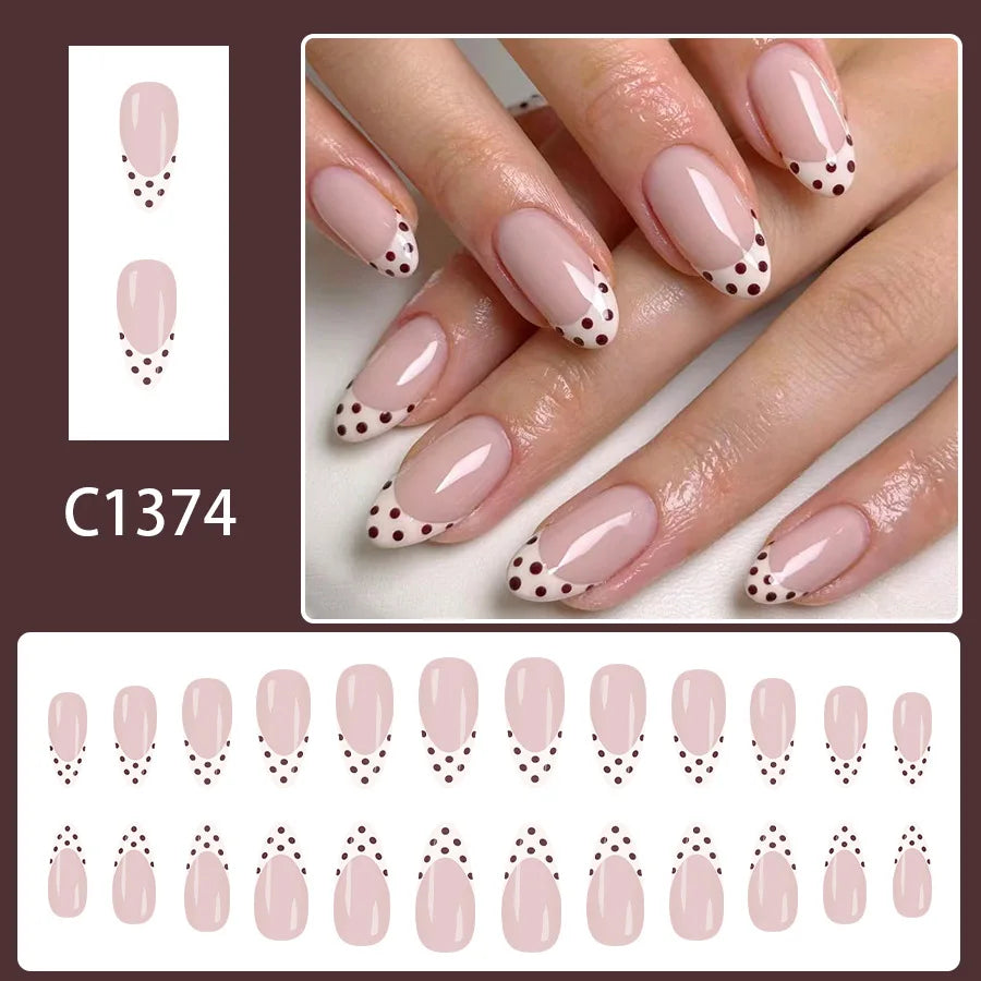 Sweet French Style Medium Almond Press On Nails 24pcs White with Brown Tips and Dots - Red