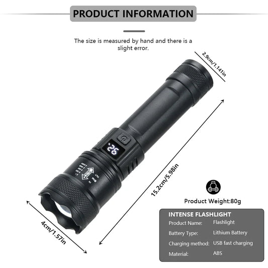 High Strong Power Led Flashlights 2000LM Tactical Torch with Display Light USB Charging Camping Fishing Emergency Zoom Lanter