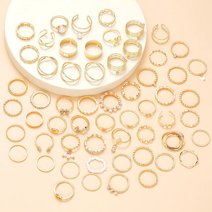 58PCS Vintage Heart Snake Butterfly Rings Set for Women Fashion Metal Gold Plated Geometric Hollow Finger Ring Jewelry Gifts 