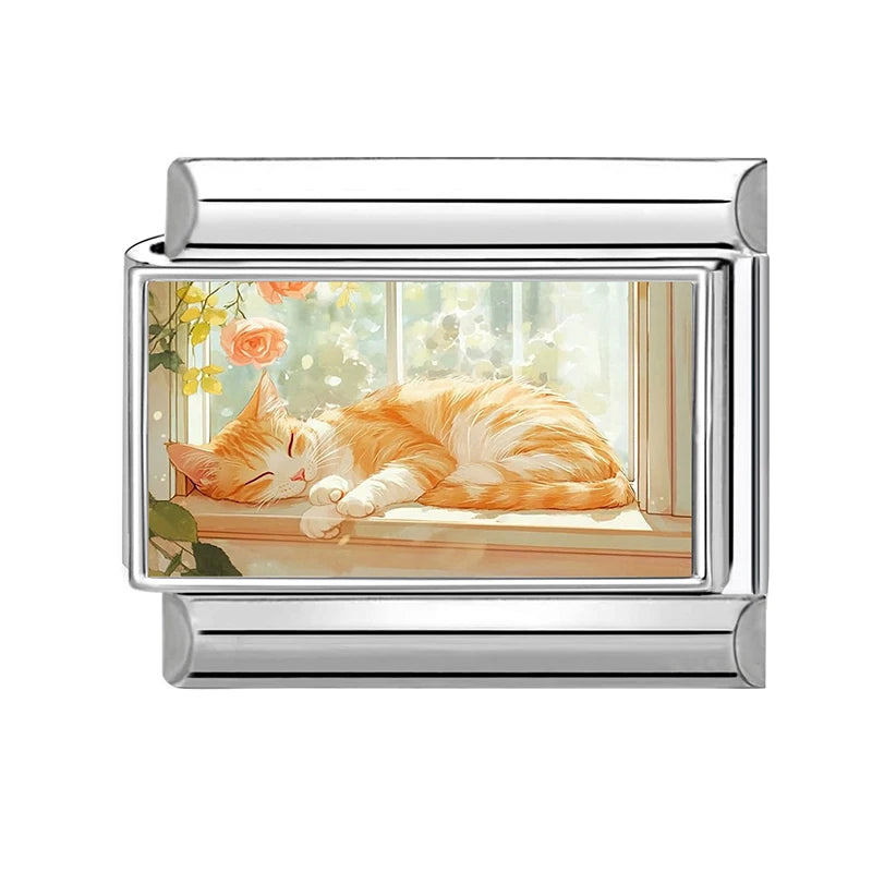 2026 New Women's Gift Cute Cat Looks at the cake Italian Charm Links Beads Fit 9mm Stainless Steel Modular Bracelet Jewelry G