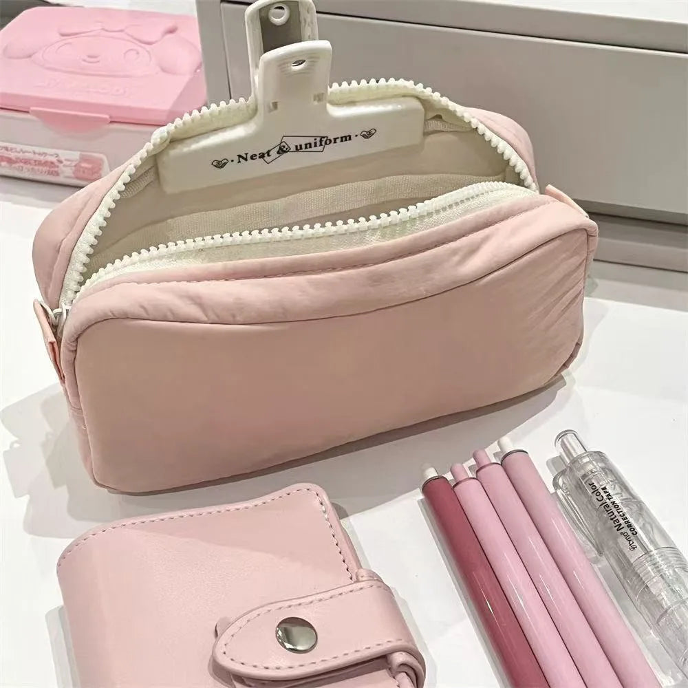 Simplicity Solid Color Pen Bag Zipper Design Large Capacity Pencil Case Portable Stationery Bag Gift