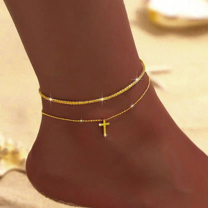 LATS Shiny Sparkling Simple Anklet for Women Gold Silver Color Elegant Jewelry Female Beach Ankle Bracelet on Foot Party Gift