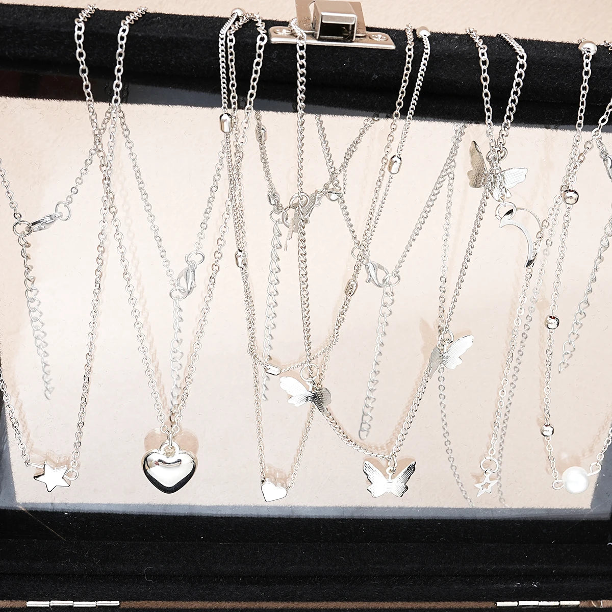 51 Pcs/Set Silver Color Chic Jewelry Set For Women Fashion Butterfly Heart Pearl Necklaces, Earrings, Rings, Match Daily Outf