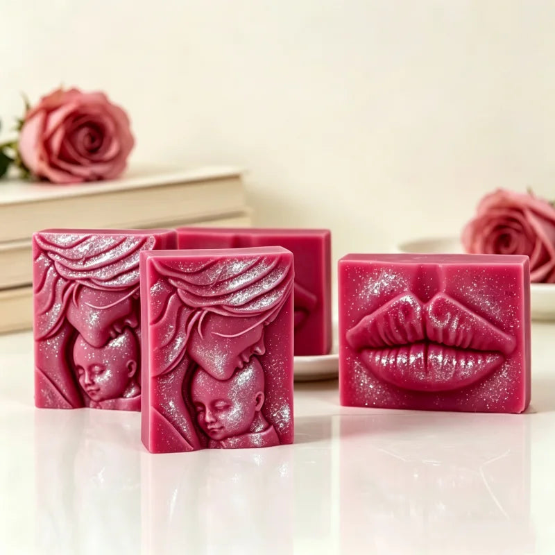 Lips Mother Baby Embossed Silicone Soap Mold Handmade Soap Epoxy Resin Casting Mold Rectangle 3D Relief Wax Candle Mould Deco