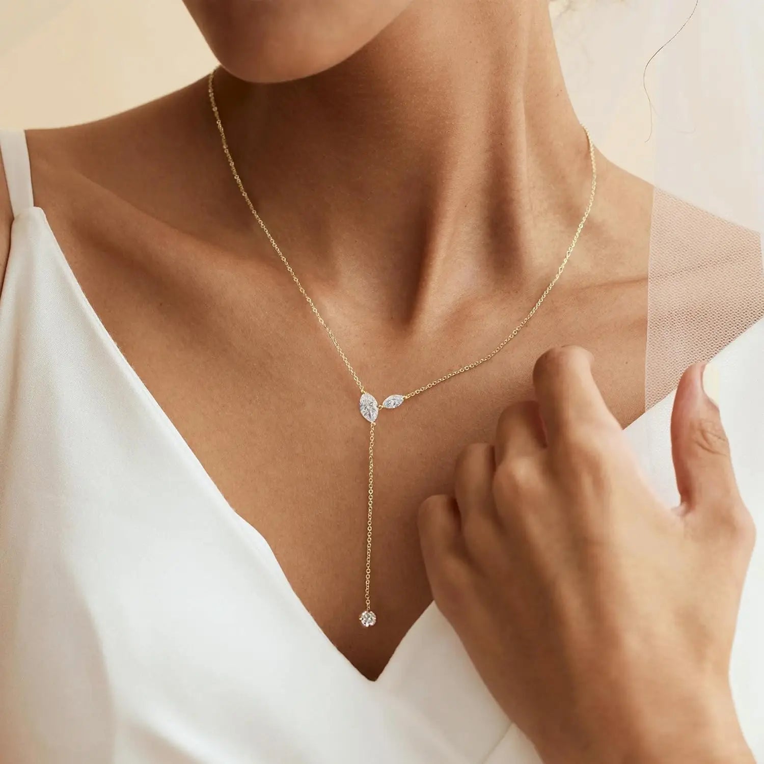 TRENDY Lariat Necklace 14K Gold CZ Y Shaped Teardrop Long Gold Necklace for Women - Prom Formal Summer Beach Jewelry