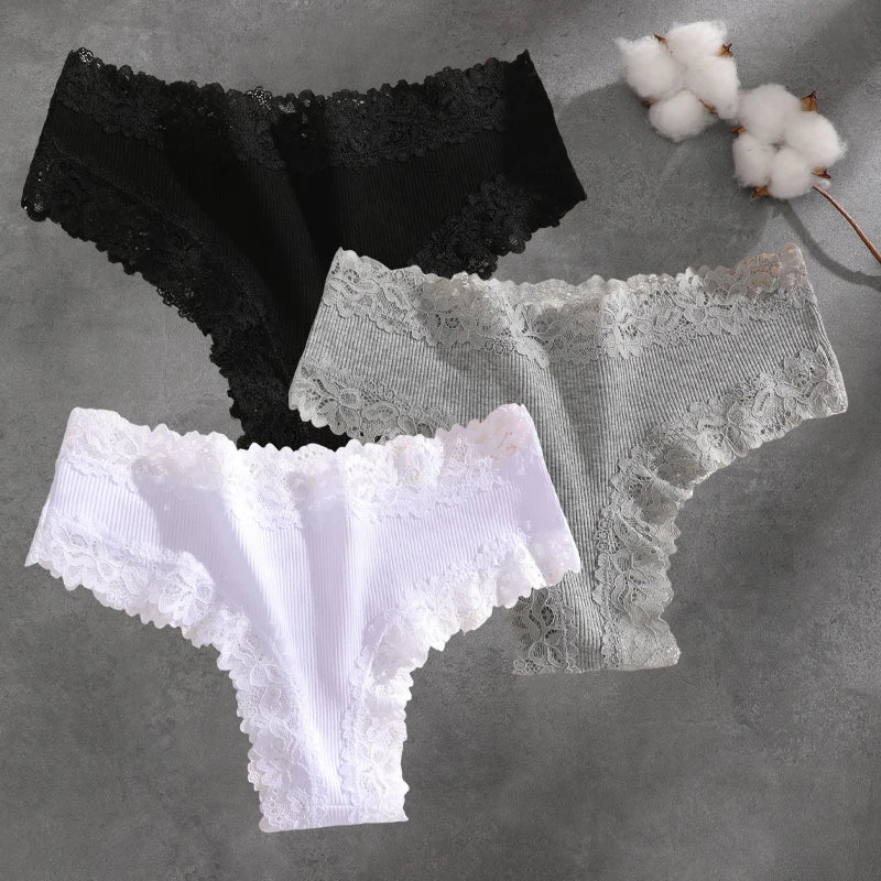 3Pcs Cotton Lace Patchwork Bikini Panties Women Seamless Floral Print Brazilian Pants Low Waist Breathable Female Sexy Linger