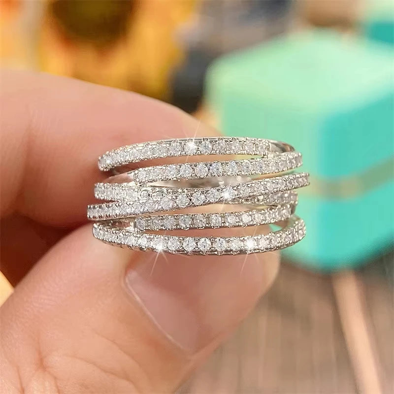 Huajie Inlaid Brilliant Zircon Annular Design Women's Rings Elegant Delicate Wedding Party Female Ring Shining Jewelry Trendy