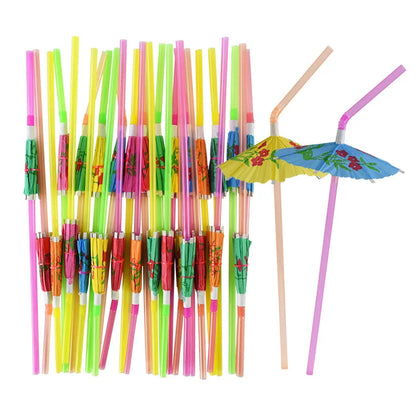 50PCS Hawaiian Party Umbrella Drink Straws Flamingo Juice Cocktail Disposable Straw Tropical Luau Birthday Party Decor Suppli