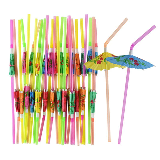 50PCS Hawaiian Party Umbrella Drink Straws Flamingo Juice Cocktail Disposable Straw Tropical Luau Birthday Party Decor Suppli