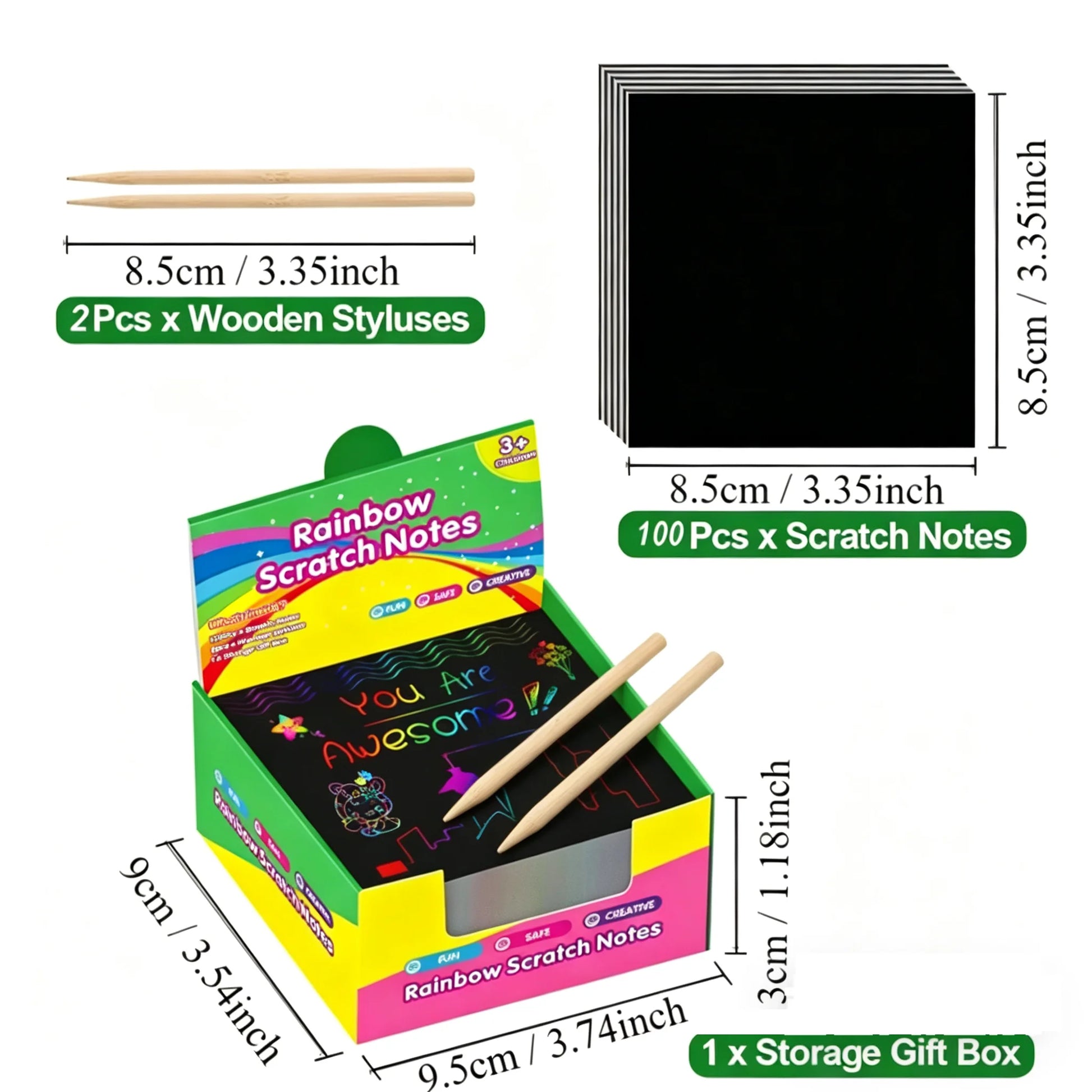 100pcs Scratch Paper Art Set Scratch Off Rainbow Magic Paper with 2 Bamboo Stylus Black Scratch Notes Xmas Birthday Gift Card