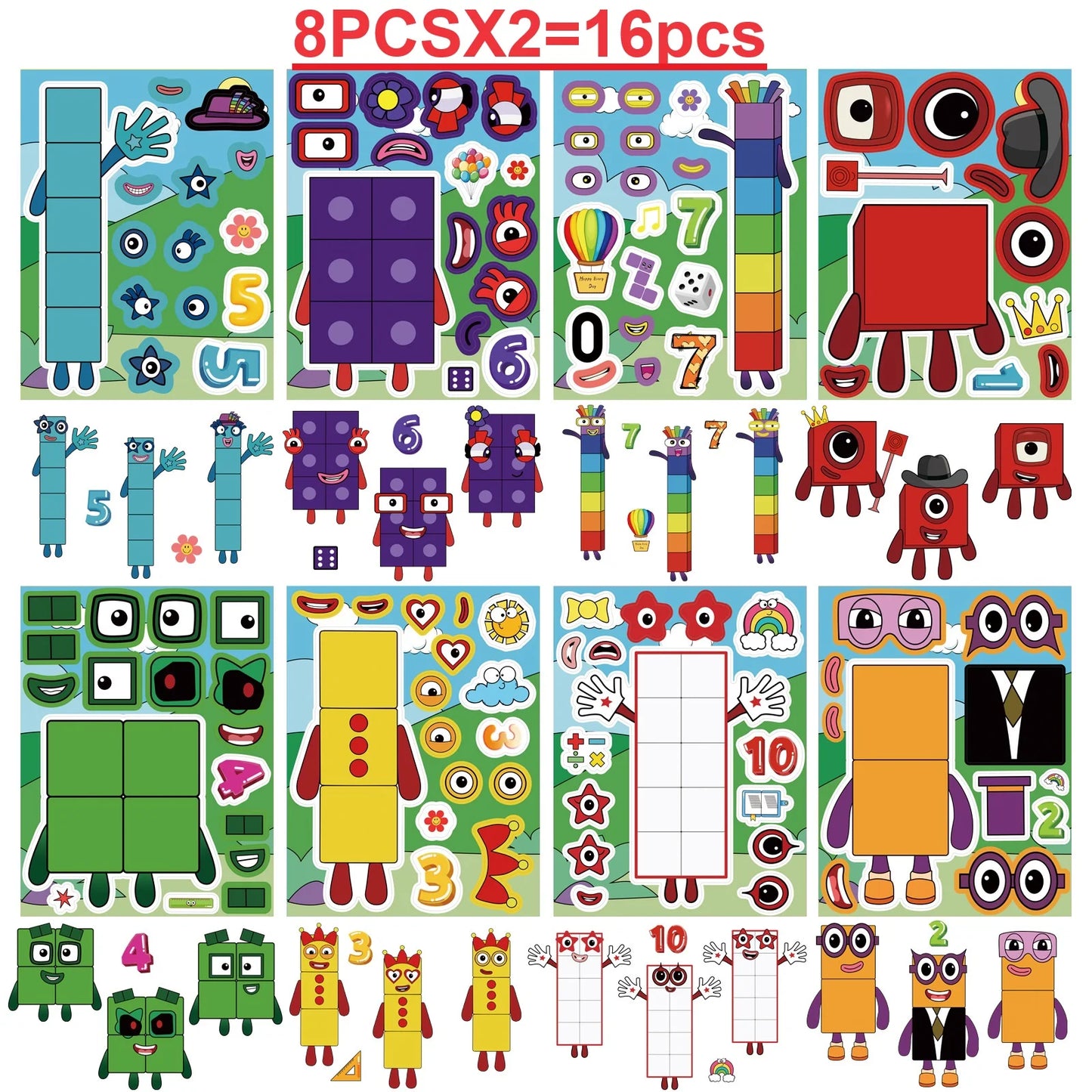 8/16/24 SHEETS Digital Building Cute Puzzle Stickers Cartoon Building Stationery Decor DIY Face Stickers - 16pcs