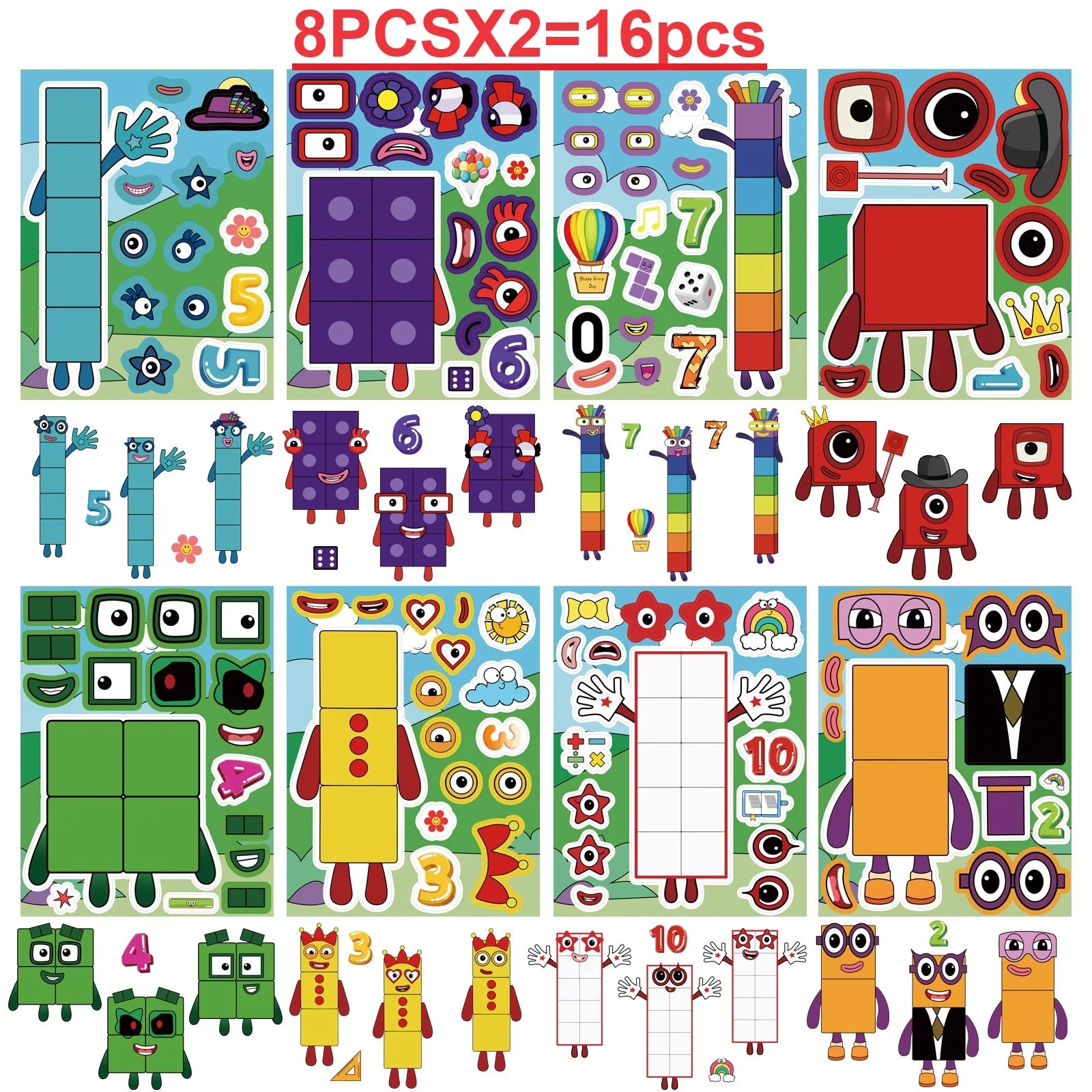8/16/24 SHEETS Digital Building Cute Puzzle Stickers Cartoon Building Stationery Decor DIY Face Stickers - 16pcs