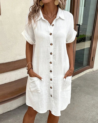 Vintage Women Solid Mini Dress Summer Fashion V-neck Three Quater Sleeve Cotton Linen Dress Ladies Casual Holiday Vestidos - 