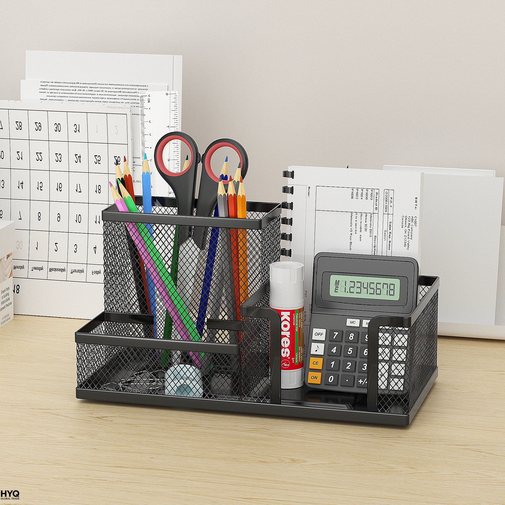 Mesh Desk Organizer Office Supplies Caddy with Pencil Holder and Storage Baskets for Desktop Accessories, 3 Compartments, Bla