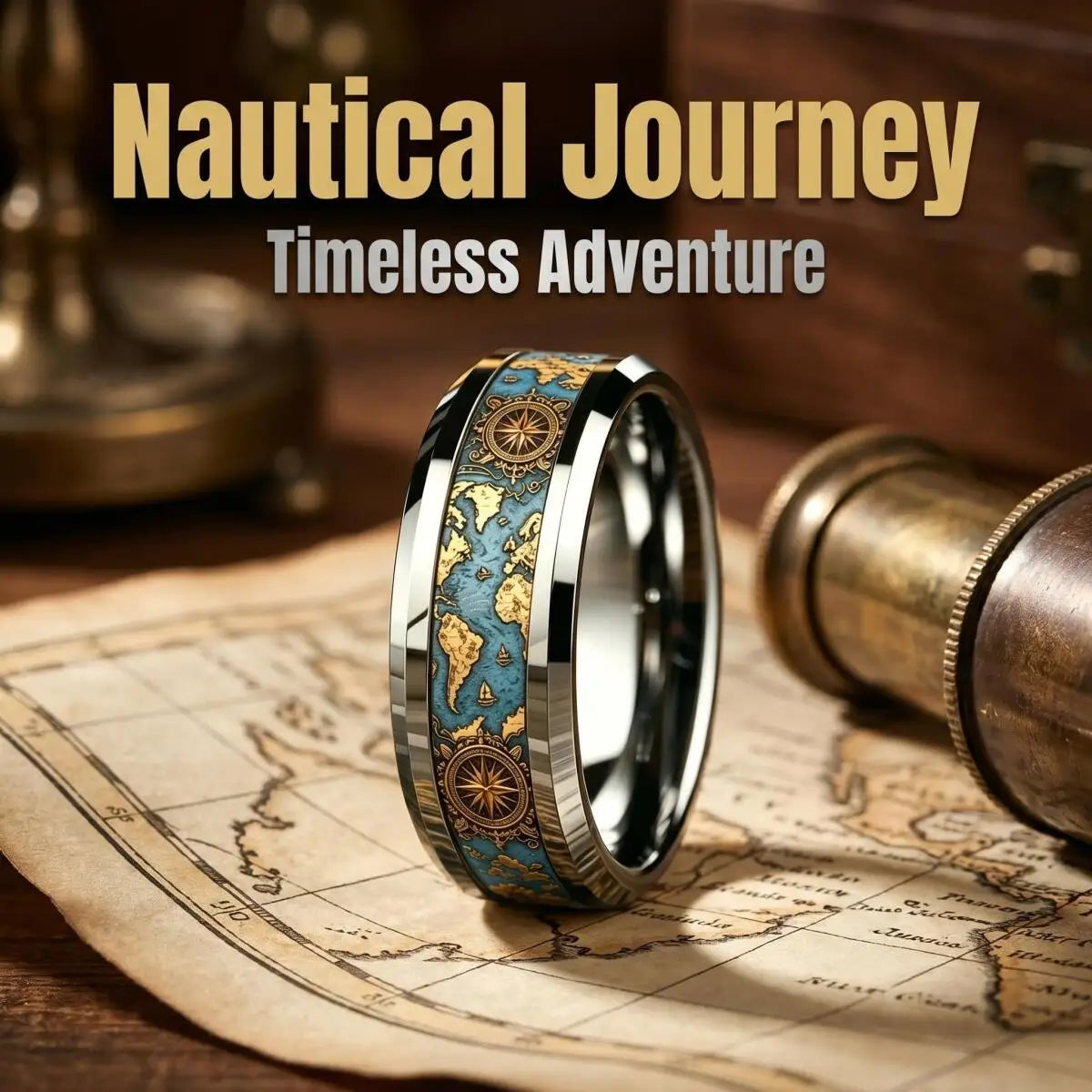 Vintage World Map Compass Ring Retro Ocean Theme Men Stainless Steel Ring High Polished Nautical Traveler Jewelry Gift for Hi
