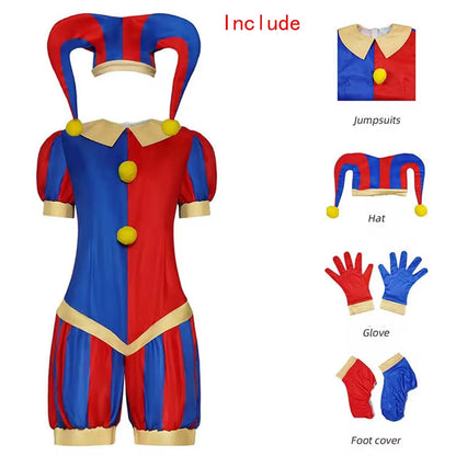Pomni Cosplay Jumpsuit with Hat aShoes Cover Gloves Magical Virtual Circus Outfits for Halloween Carnival Circus Pomni Costum