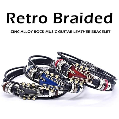 Retro Faux Leather Guitar Bracelet, Punk Rock Music Guitar Genuine Leather Bracelet, Handmade Braided Multi-Layer Wrap Bracel