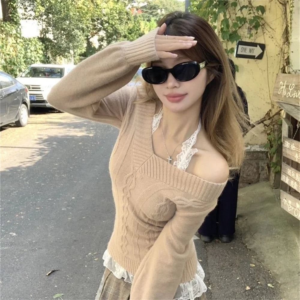 Fashion Vintage V-neck Knitted Tops Women 2025 Early Autumn New Sweaters Pullover Slim Long Sleeve Pullovers Sexy Gray Sweate