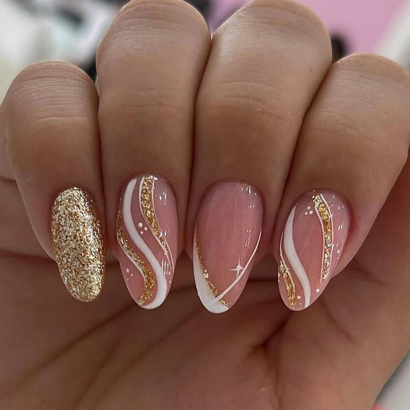 24PCS/ Almond Fake Nails Instantly Upgrade Your Look, Pink and White Set Off by Gold Lines, Simple and Generous, Suitable for