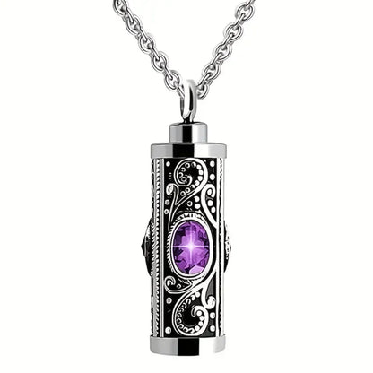Cremation Urn Necklace for Ashes Stainless Steel Memorial Pendant - purple