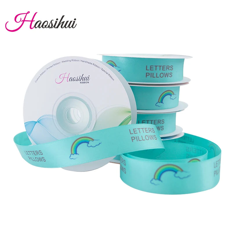 HAOSIHUI Custom Satin Ribbons Personalized Logo Printed Single Face 10~50~100 Yards Polyester for Gift Wedding Birthday DIY T