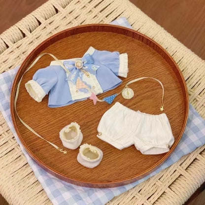 20CM Cotton Doll Clothes Blue School Style Outfit with Long Ear Rabbit Hat Cute Plush Doll Dress Up Accessories
