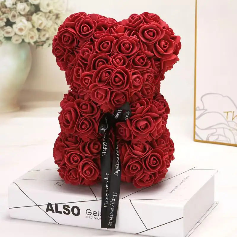 25cm Artificial Teddy Rose Flower Bear with Box Romantic Valentines Day Gift Girlfriend Women Anniversary Wedding Party Suppl