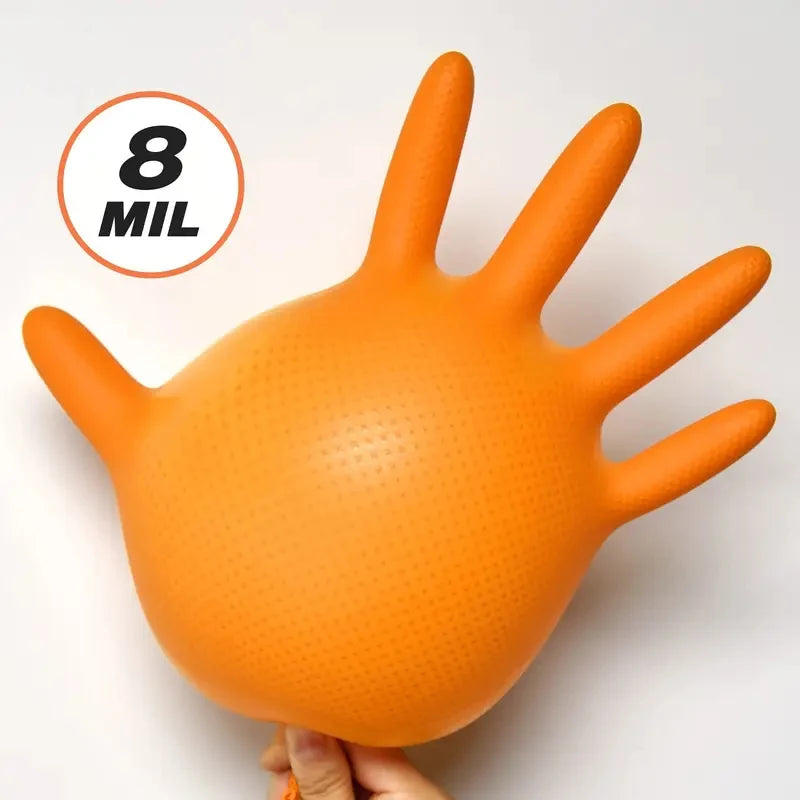 Heavy Duty Orange Nitrile Gloves 8Mil Industrial Disposable Gloves with Diamond Textured Grip for Mechanic Safety & Work Glov