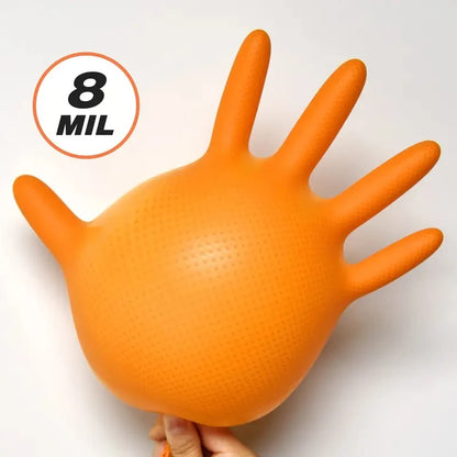 Heavy Duty Orange Nitrile Gloves 8Mil Industrial Disposable Gloves with Diamond Textured Grip for Mechanic Safety & Work Glov