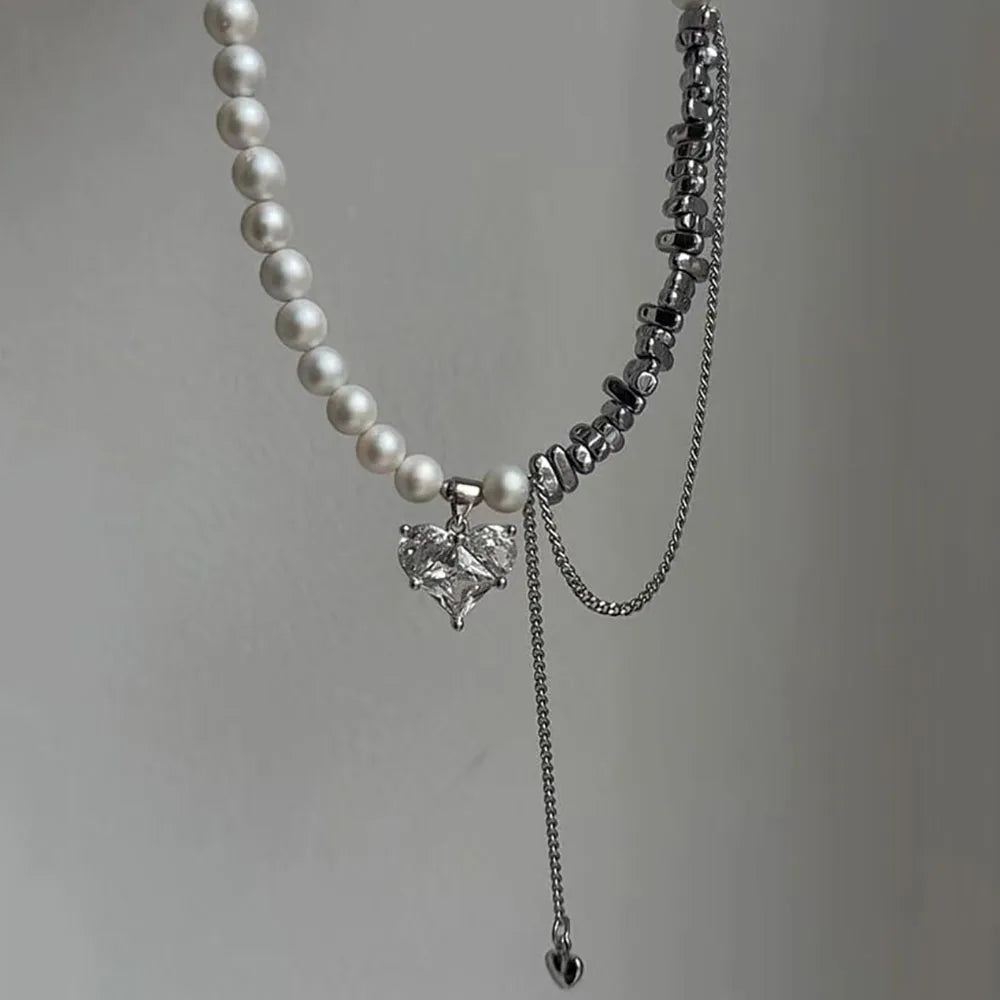 New Irregular Choker Vintage Tassels Zircon Heart Pendant Necklace For Women Female White Imitation Pearl Chain Valentine's G