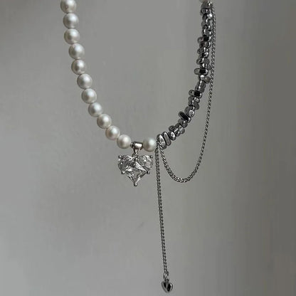 New Irregular Choker Vintage Tassels Zircon Heart Pendant Necklace For Women Female White Imitation Pearl Chain Valentine's G