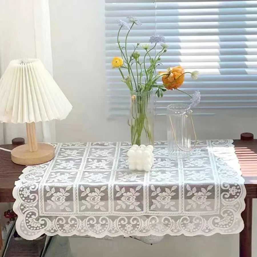 One Antique Embroidered Lace Tablecloth - Solid Color Elegant Flower Cut Process Polyester Square Tablecloth, 100% Polyester