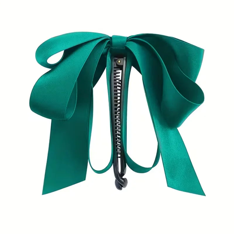 Bow tassel hair clip, high-end satin, Y2K style, hairstyle decoration and ponytail accessory, Valentine's Day gift - C