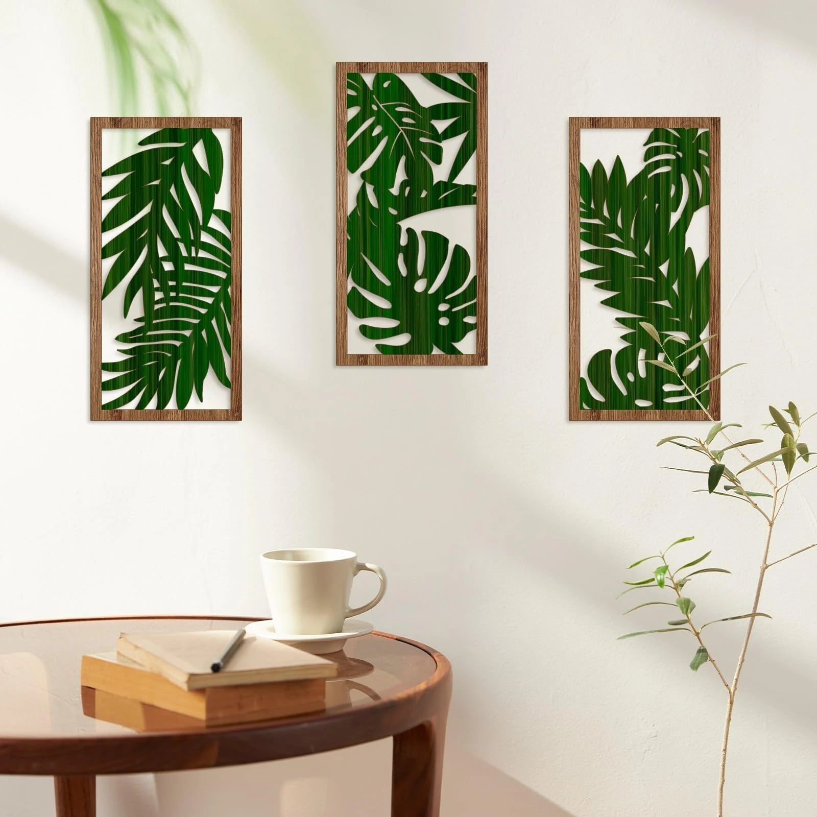 3pcs Boho style Hollow Wood Retro Rustic Leaf Pattern Wall Hanging Art Living Room Bedroom Wall Hanging Home Decoration