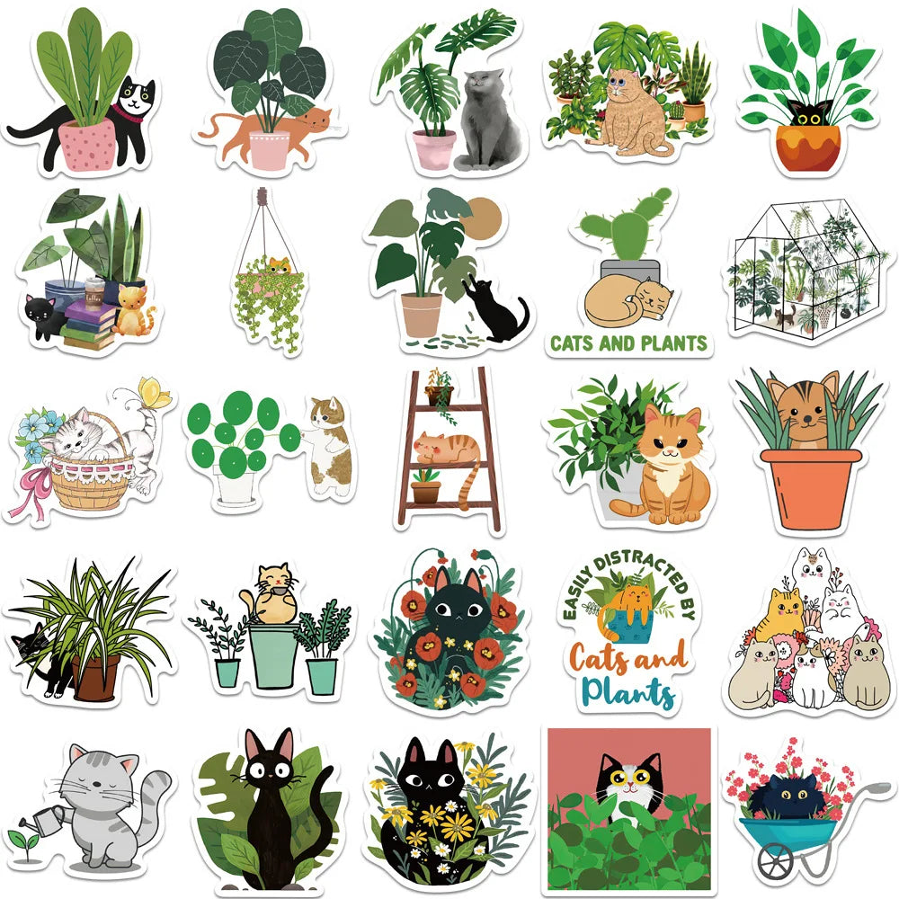50 PCS Cat and Plant Stickers for Water Bottles,Cute Vinyl Waterproof Laptop Skateboard Stickers Aesthetic Computer Hydroflas