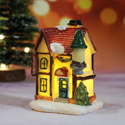 Christmas Decoration House LED Light Xmas Durable Ornaments Small Resin Mini House Miniature Village Building for Home Kids G