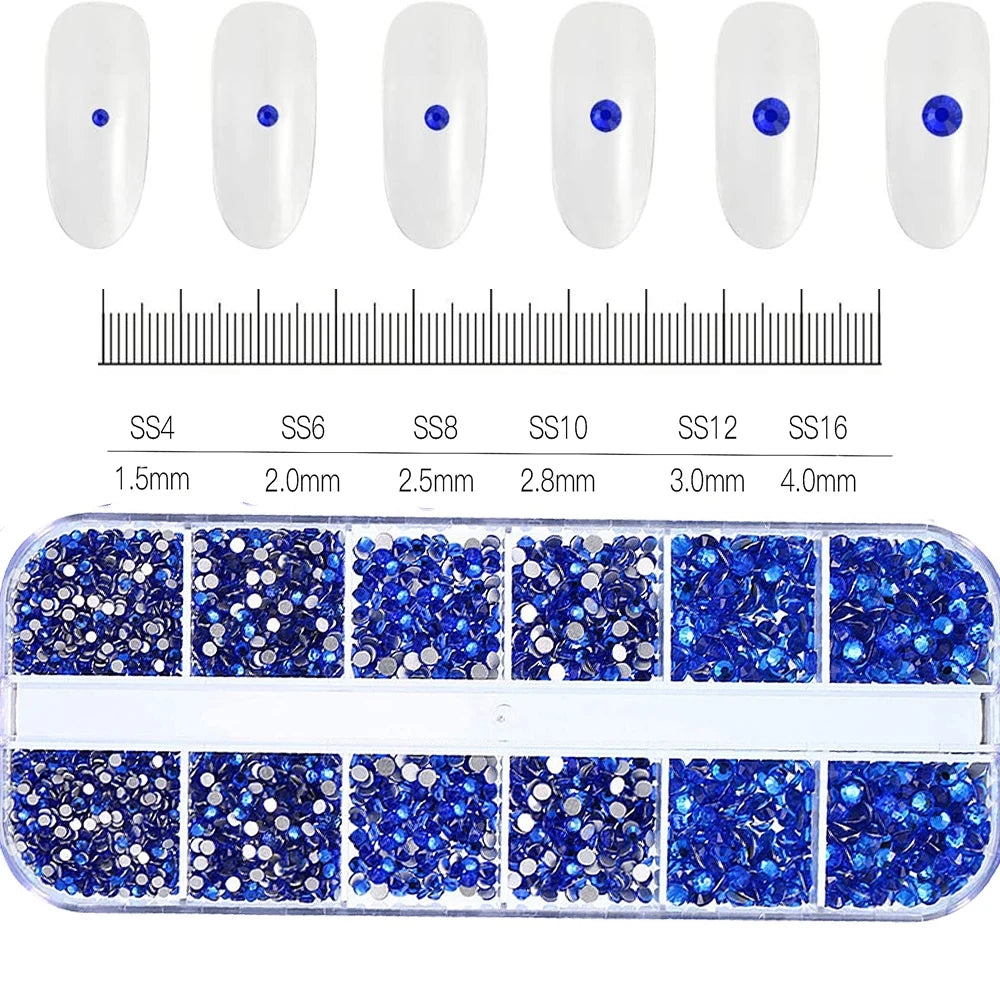 2400pcs+ Shiny Clear Crystal Gems Nail Rhinestones 1.5-4mm Mixed Round Glass Stone Flatback Nail Charms 12grids Nail Diamond 