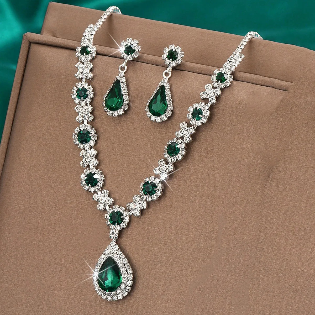 3 Pieces of Women's Crystal Droplet Necklace with Earrings Set for Wedding Evening Dress Accessories - ZT9102-Green