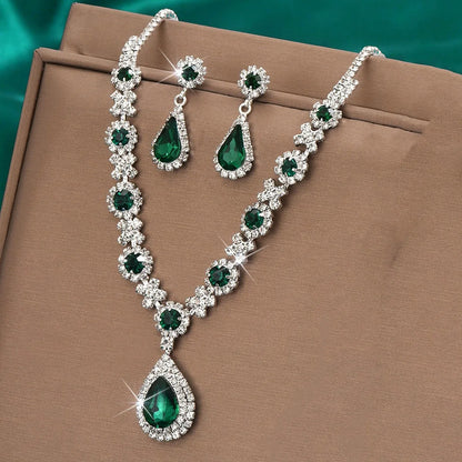 3 Pieces of Women's Crystal Droplet Necklace with Earrings Set for Wedding Evening Dress Accessories - ZT9102-Green
