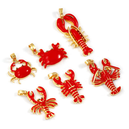 2 PCs Brass Ocean Series Lobster Jewelry Pendants 18K Gold Plated Red Enamel Crab Charms With Buttons For Necklace DIY Findin