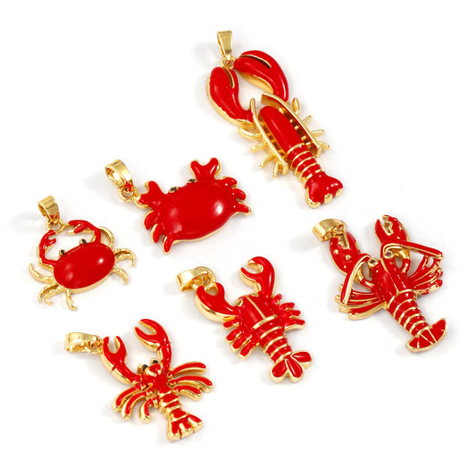 2 PCs Brass Ocean Series Lobster Jewelry Pendants 18K Gold Plated Red Enamel Crab Charms With Buttons For Necklace DIY Findin