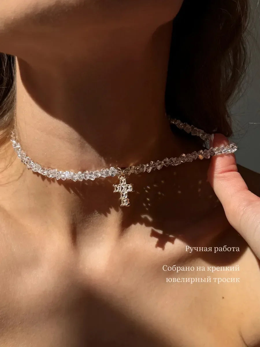 Design Exaggerated Baroque Transparent Crystal Chain With Sexy Zircon Cross Pendant Necklace For Women Wedding Praty Gift - Q