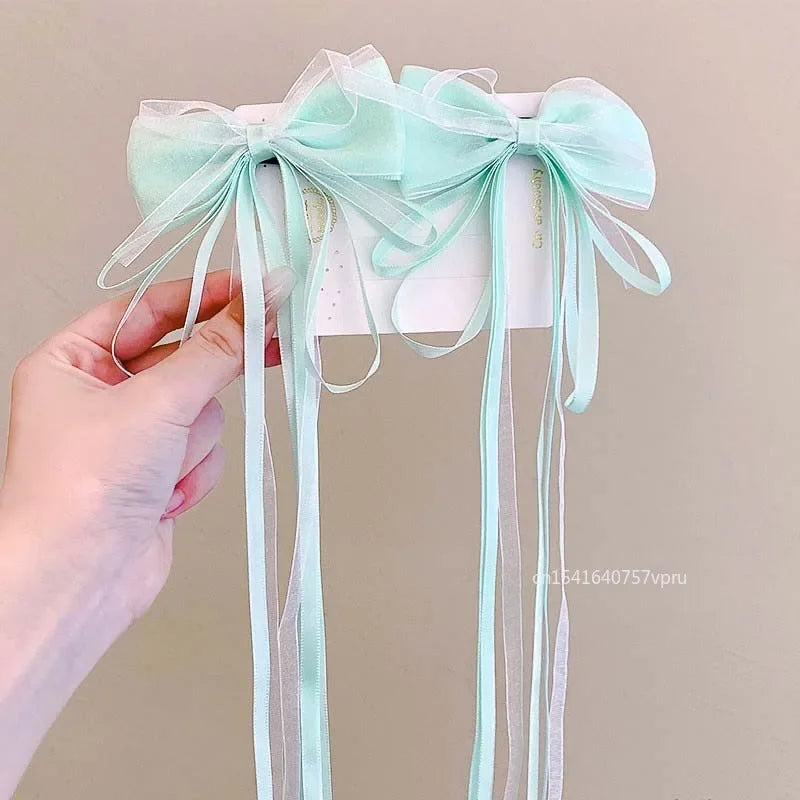 1 Pair Fashion Fairy Ribbon Bow Hairpins For Kids Long Ribbon Hair Clip Barrettes Headband Headdress Girls Hair Accessories -