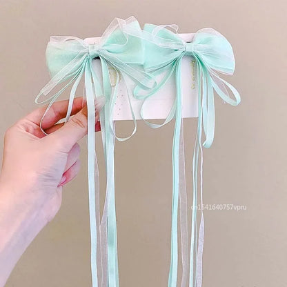 1 Pair Fashion Fairy Ribbon Bow Hairpins For Kids Long Ribbon Hair Clip Barrettes Headband Headdress Girls Hair Accessories -